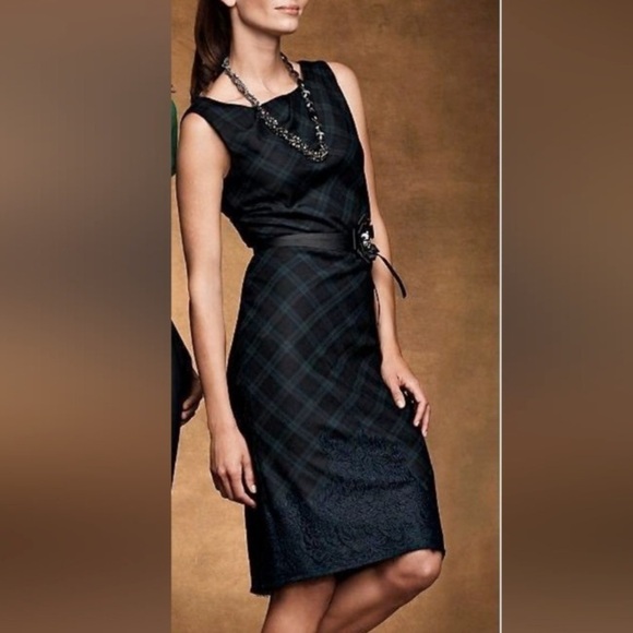 Talbots Wool Blend Green & Blackwatch plaid lace hem sleeveless sheath dress 14 - Picture 1 of 16